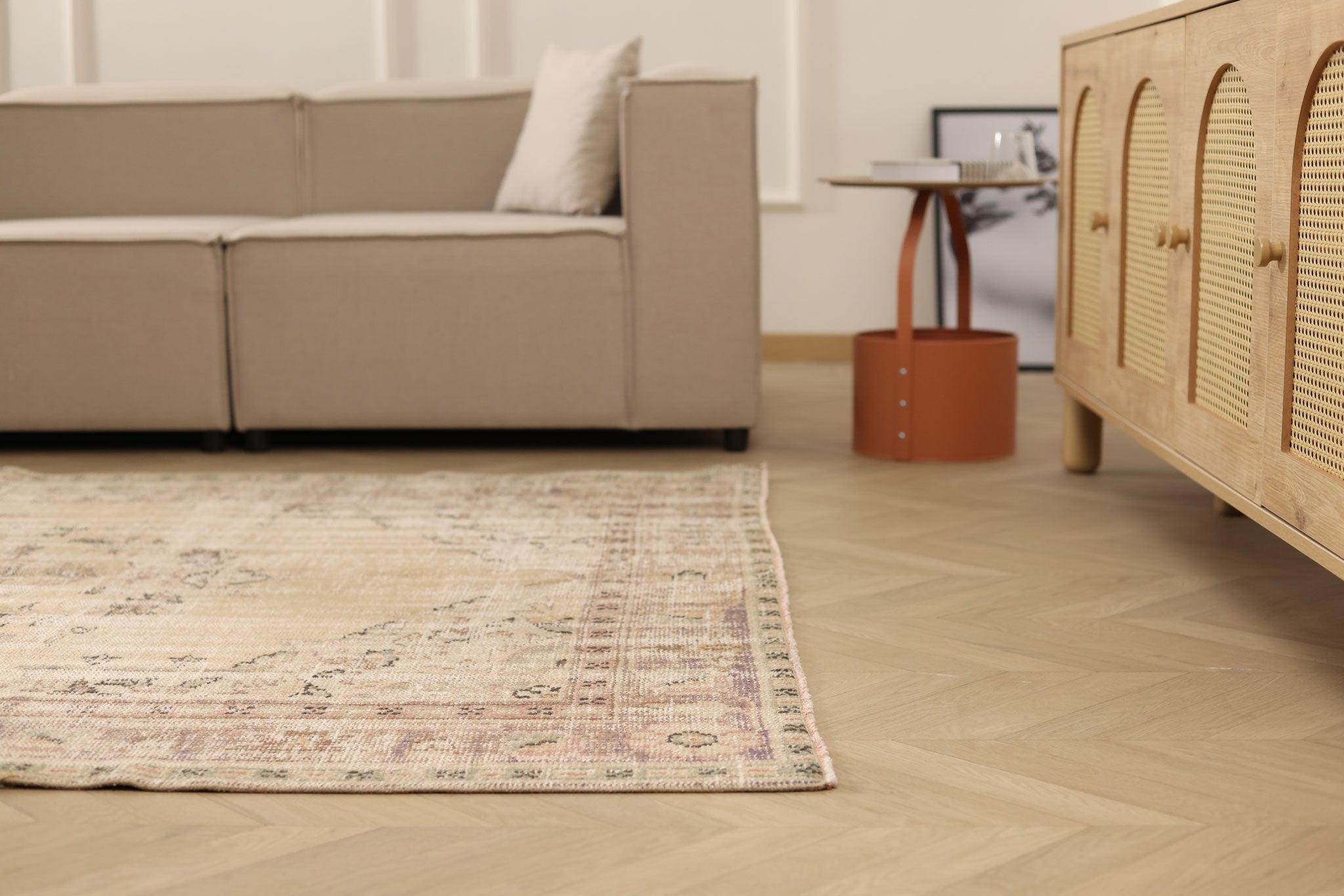 Vintage Manisa Turkish Area Rug 5x8 ft — Beige Distressed