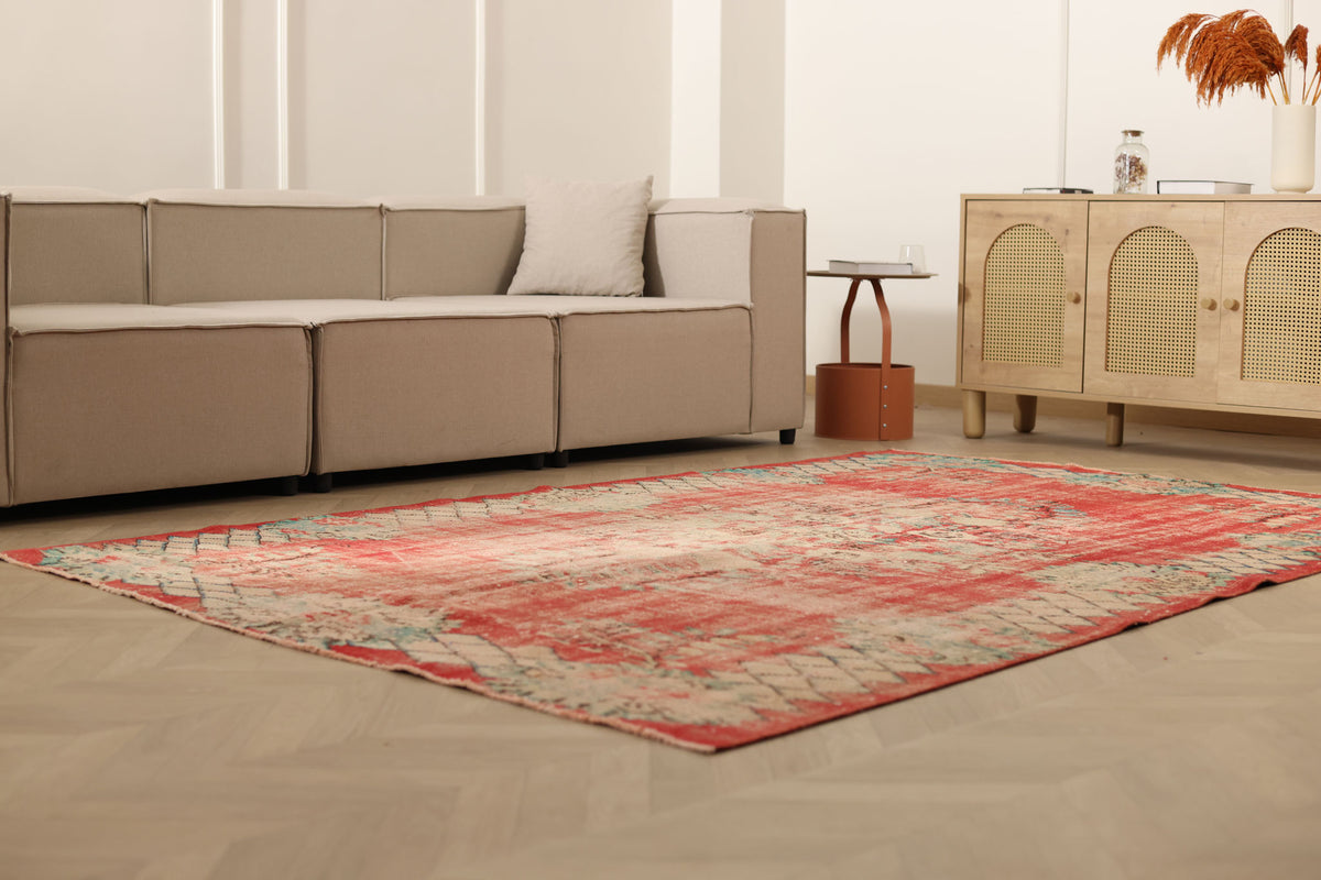 Vintage Manisa Turkish Area Rug 6x9 ft — Red Distressed (No. 57820)