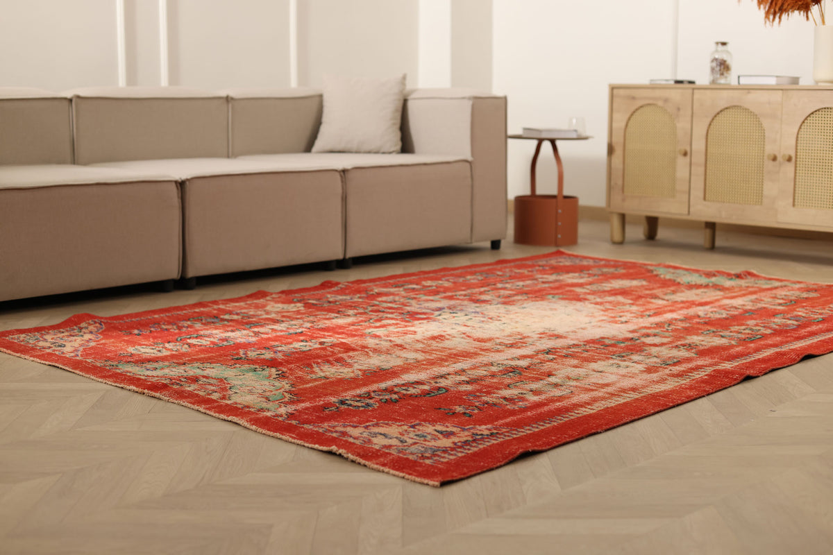 Vintage Manisa Turkish Area Rug 6x9 ft — Red Distressed (No. 57822)