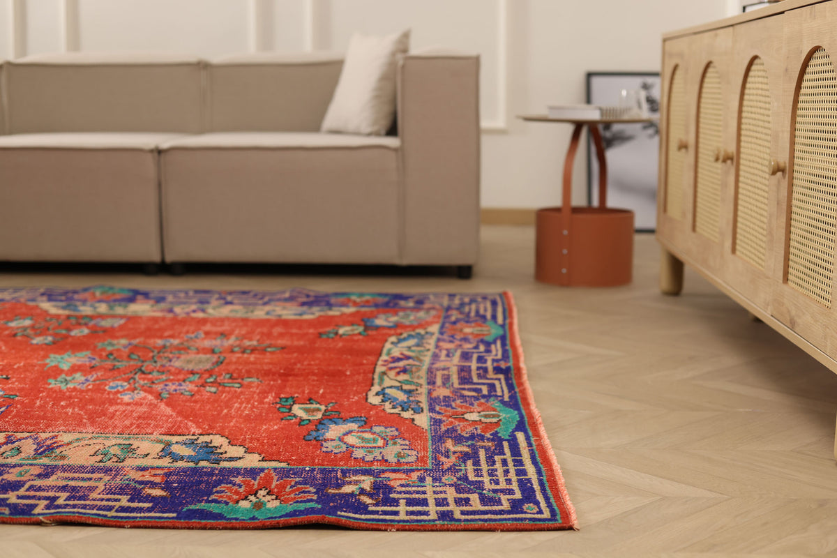 Vintage Manisa Turkish Area Rug 6x10 ft — Red Distressed