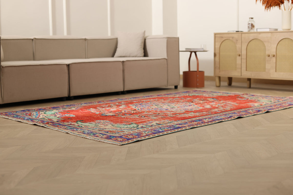 Vintage Manisa Turkish Area Rug 5x9 ft — Red Distressed