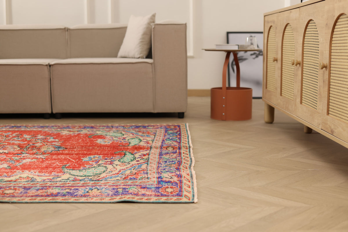 Vintage Manisa Turkish Area Rug 5x9 ft — Red Distressed