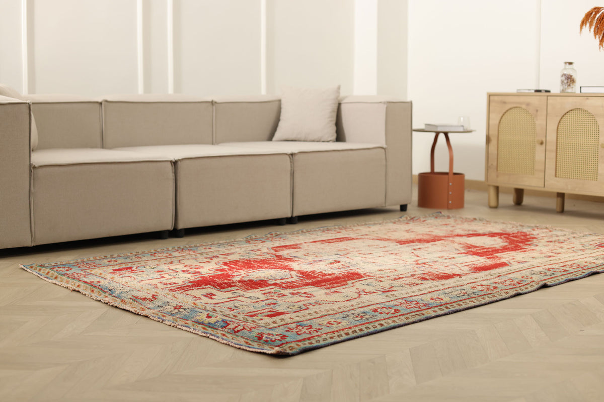Vintage Manisa Turkish Area Rug 5x9 ft — Red & Beige Distressed