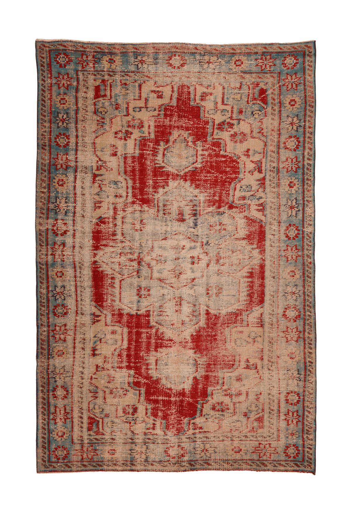 Vintage Manisa Turkish Area Rug 5x9 ft — Red & Beige Distressed