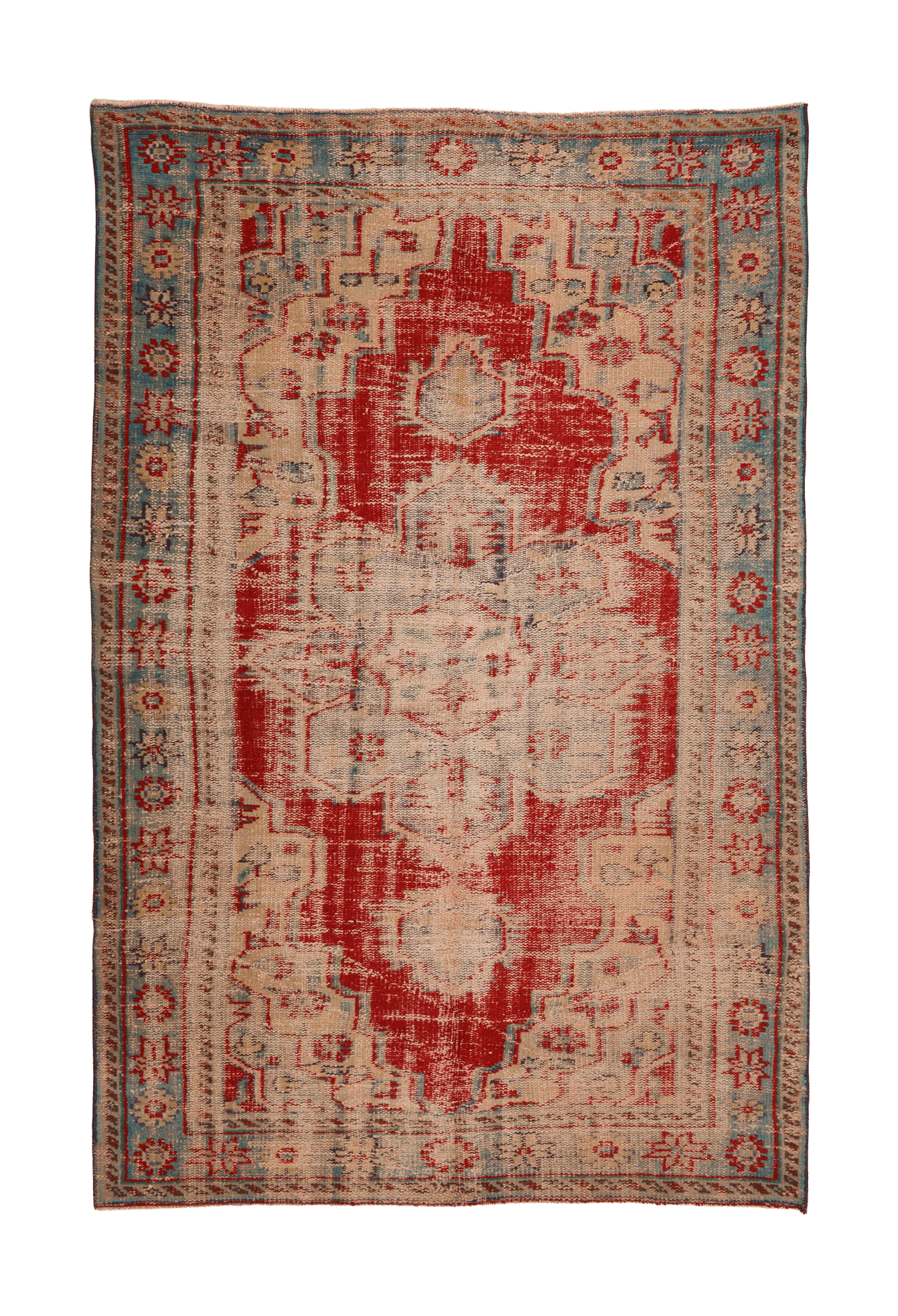 Vintage Manisa Turkish Area Rug 5x9 ft — Red & Beige Distressed