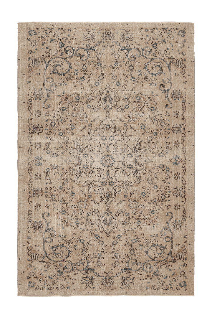 Vintage Isparta Turkish Area Rug 6x9 ft — Beige & Brown Floral