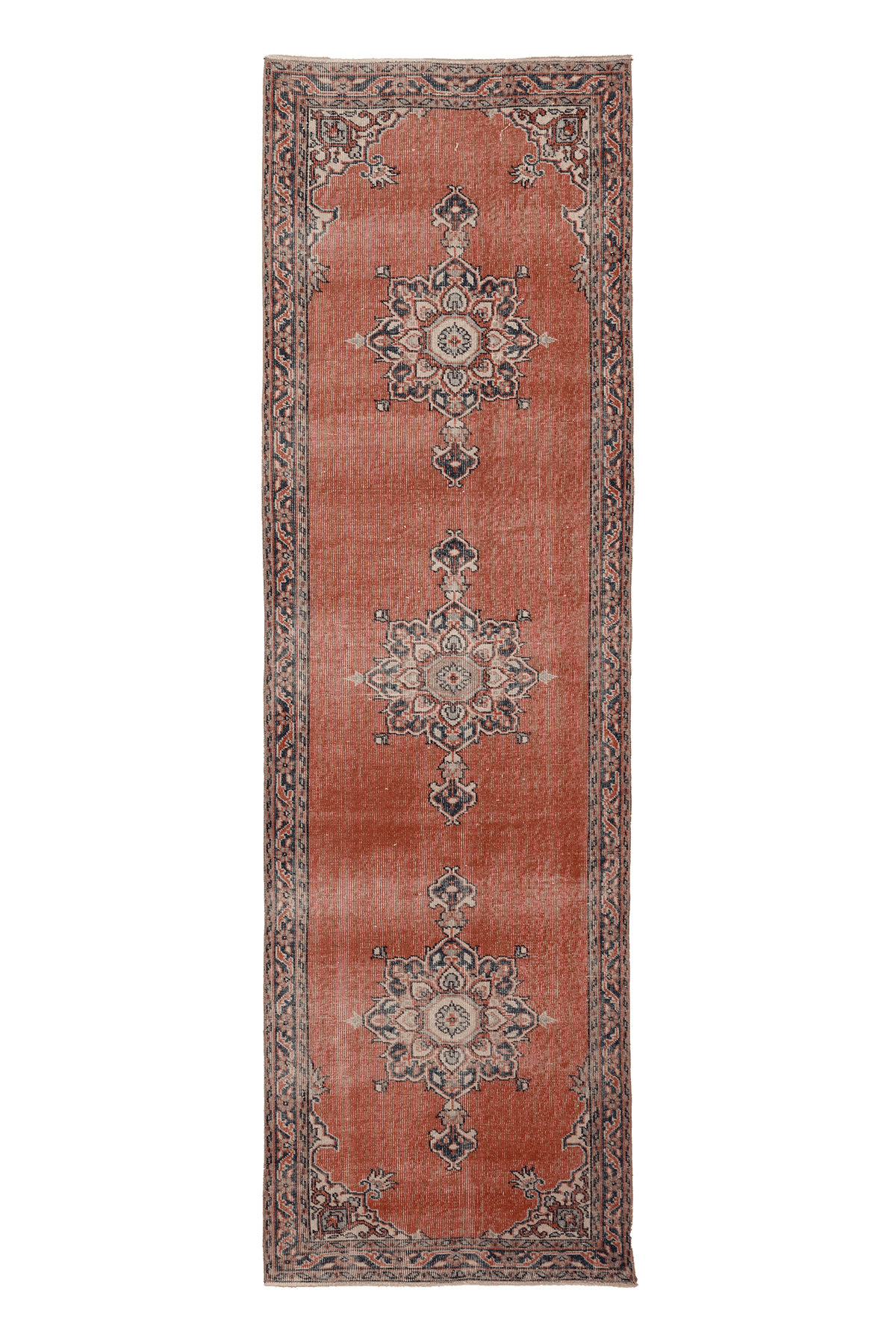 Vintage Isparta Turkish Runner Rug 3x11 ft — Red & Blue Distressed