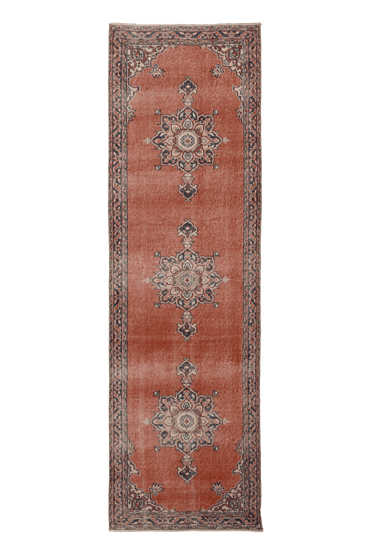 Vintage Isparta Turkish Runner Rug 3x11 ft — Red & Blue Distressed