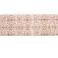 Long rectangular beige rug with intricate patterns on a white background