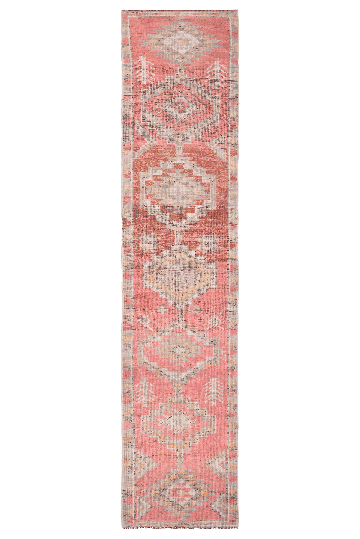 Handmade pink and brown Persian-style wool-cotton runner rug with geometric patterns, 2.6 x 12.4 ft.