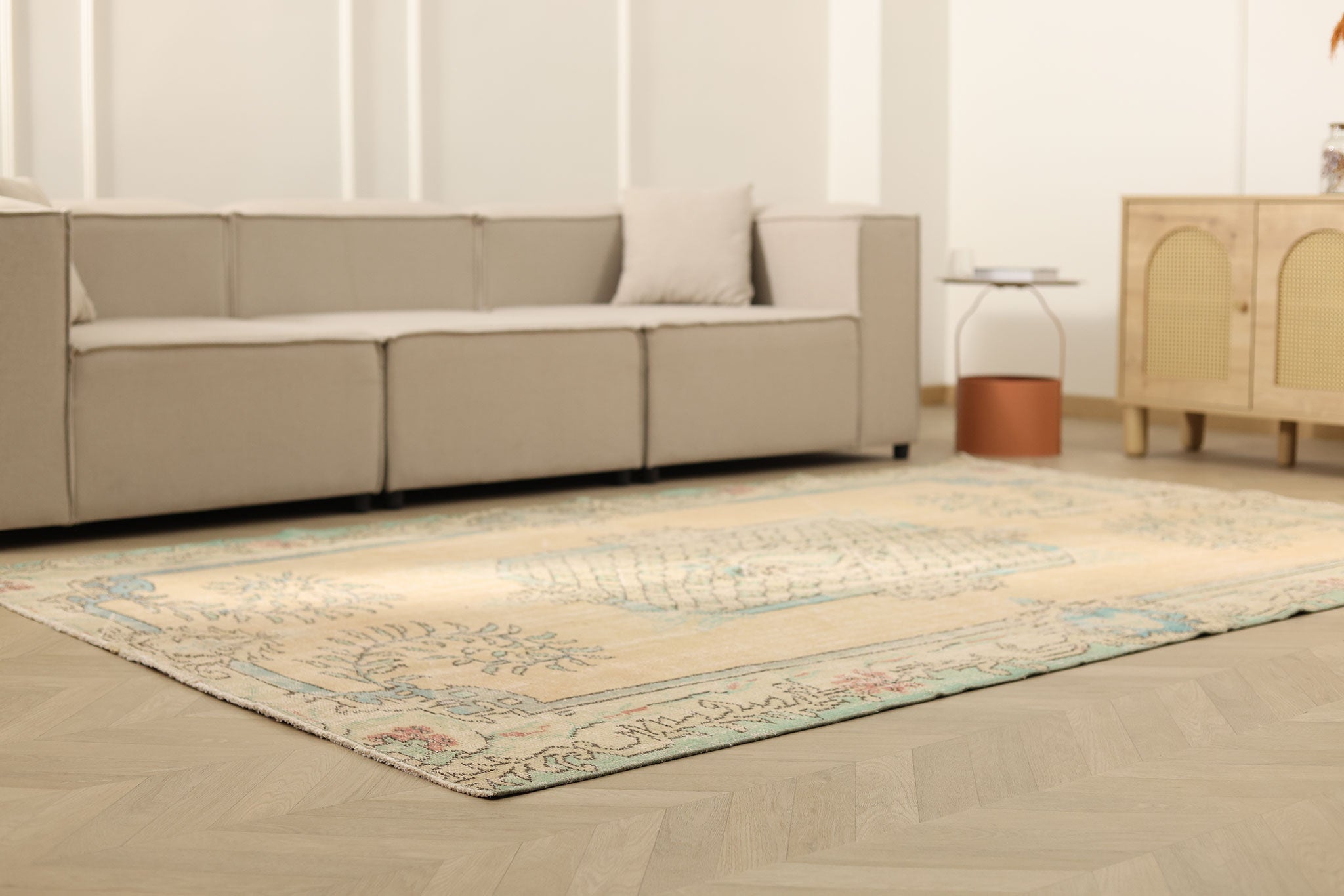 Vintage Manisa Turkish Area Rug 6x9 ft — Beige Floral (No. 58745)
