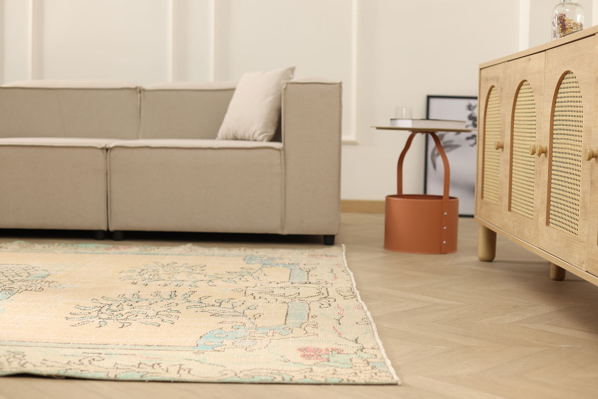 Vintage Manisa Turkish Area Rug 6x9 ft — Beige Floral (No. 58745)