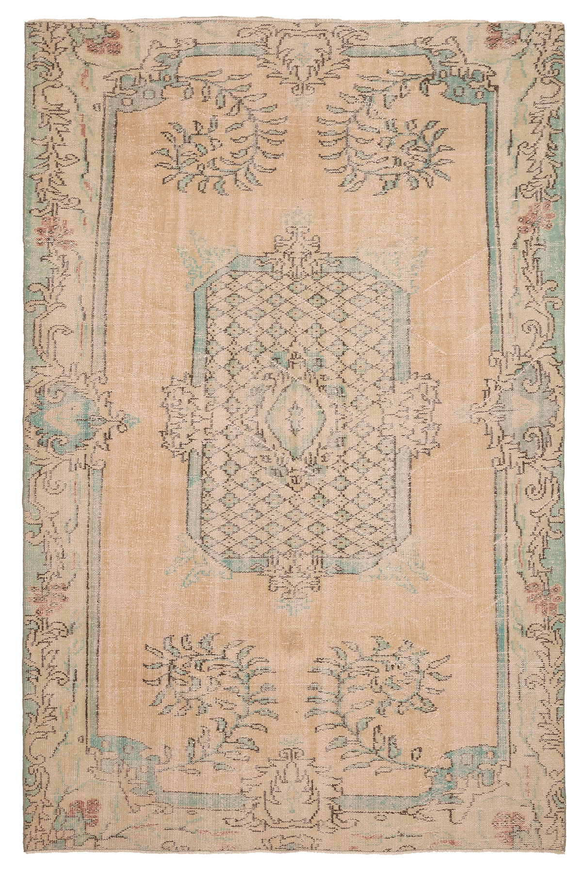 Vintage Manisa Turkish Area Rug 6x9 ft — Beige Floral (No. 58745)