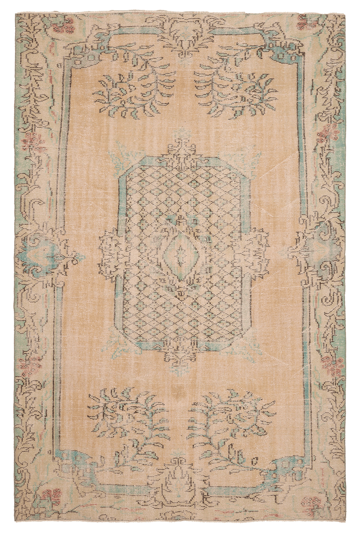 Vintage Manisa Turkish Area Rug 6x9 ft — Beige Floral (No. 58745)