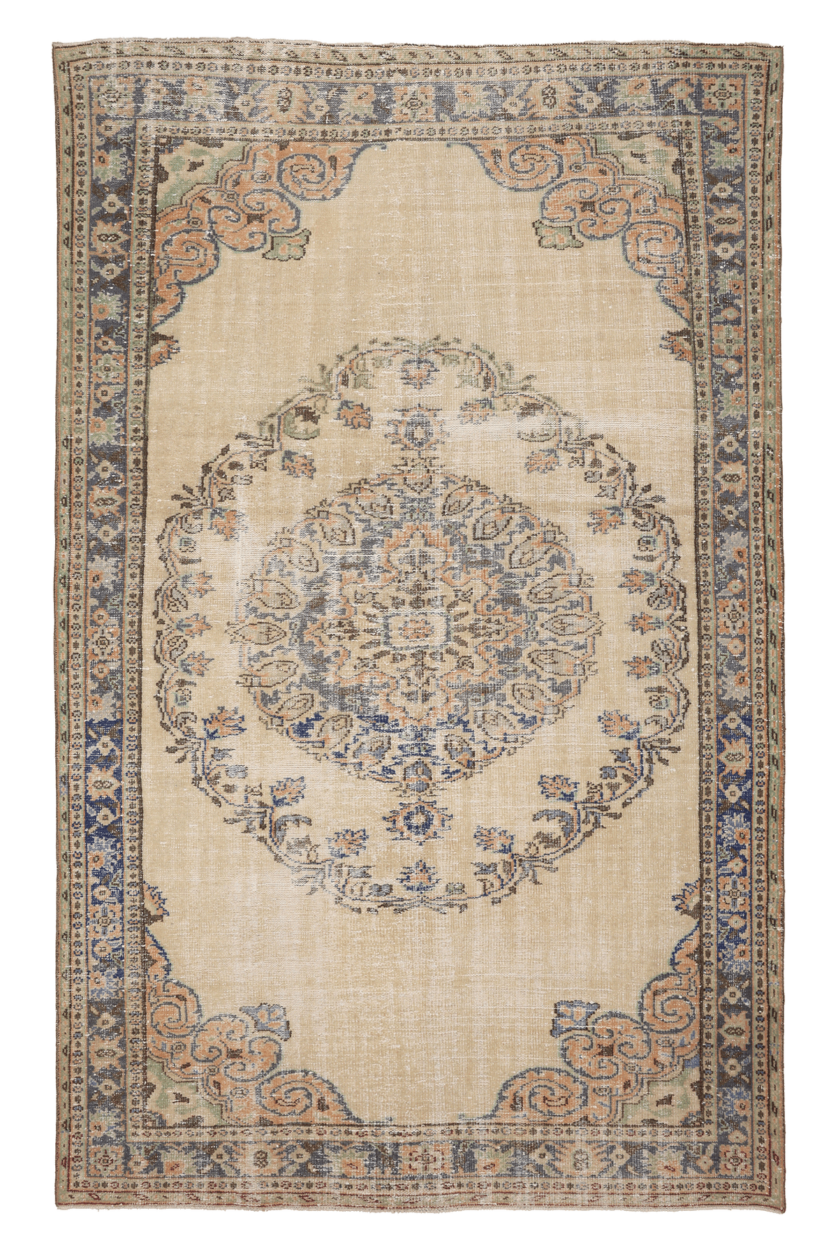 Vintage Manisa Turkish Area Rug 6x10 ft — Beige & Blue Floral (No. 58751)