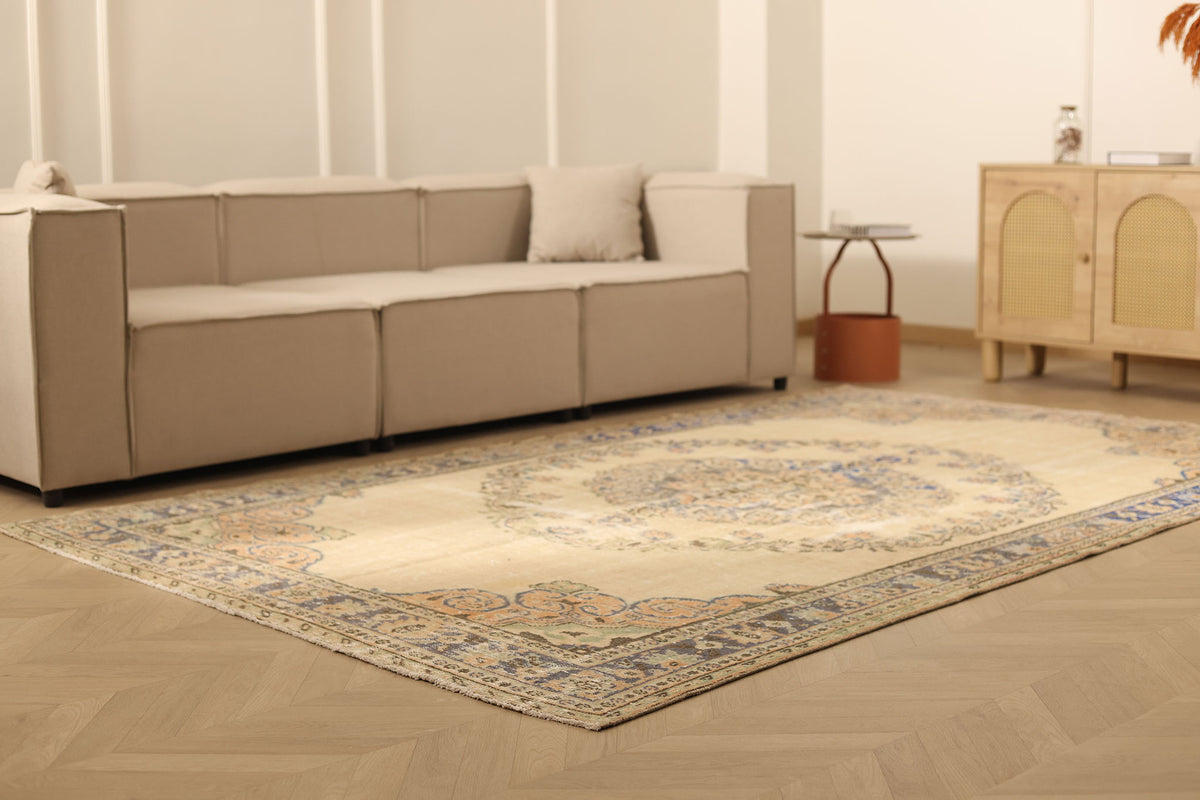 Vintage Manisa Turkish Area Rug 6x10 ft — Beige & Blue Floral (No. 58751)