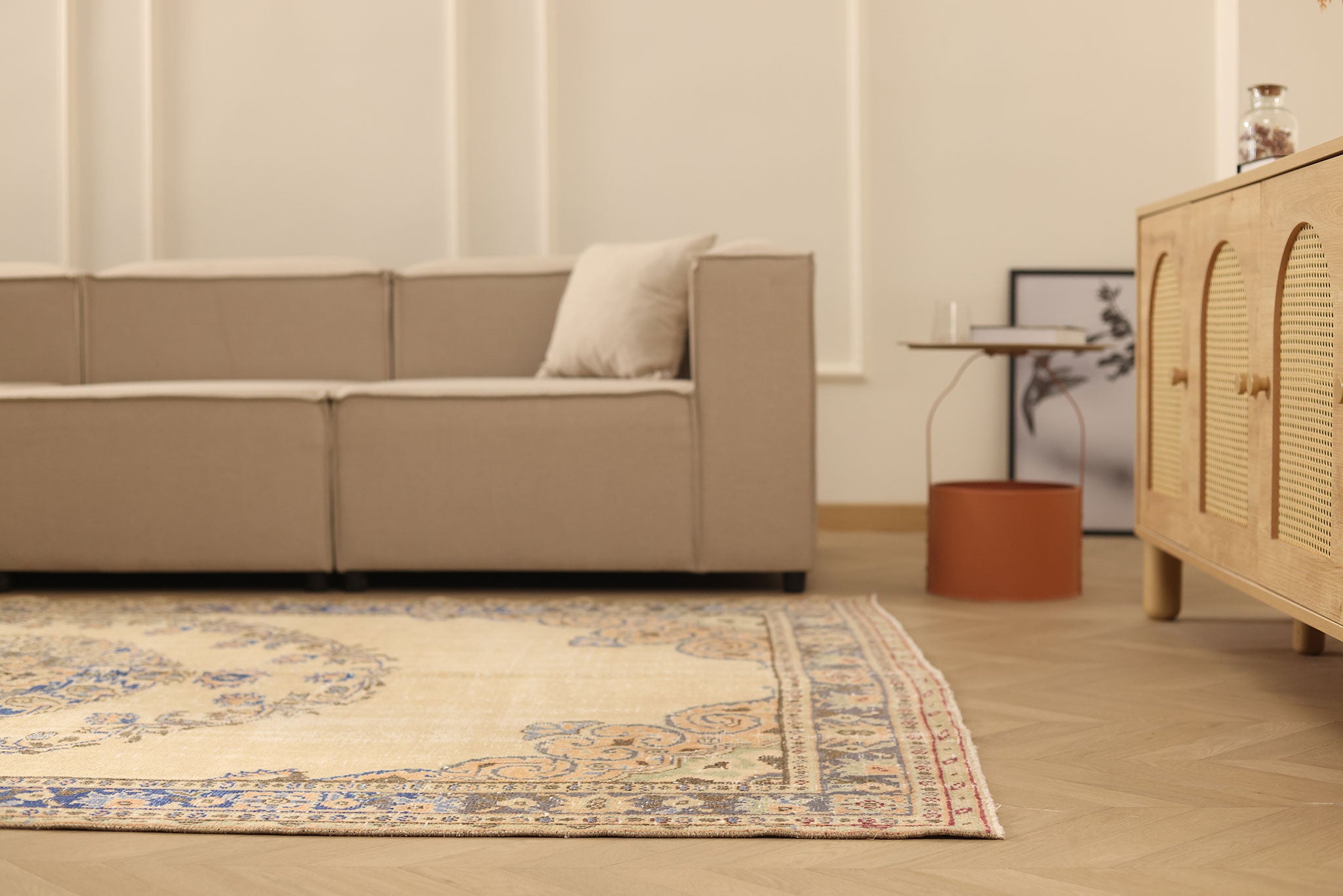 Vintage Manisa Turkish Area Rug 6x10 ft — Beige & Blue Floral (No. 58751)