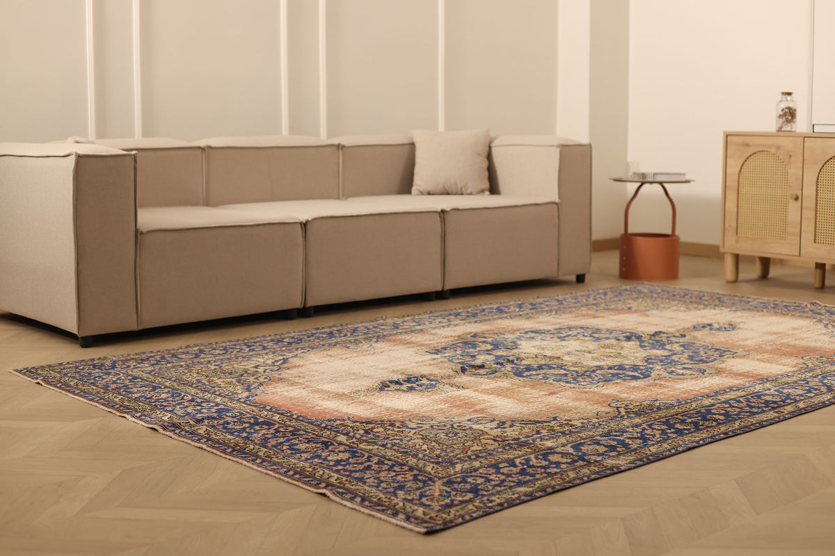 Vintage Isparta Turkish Area Rug 6x10 ft — Blue & Pink Floral