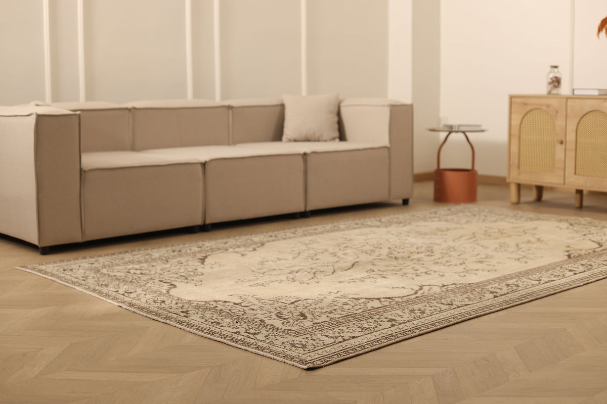 Vintage Manisa Turkish Area Rug 6x10 ft — Beige & Brown Floral
