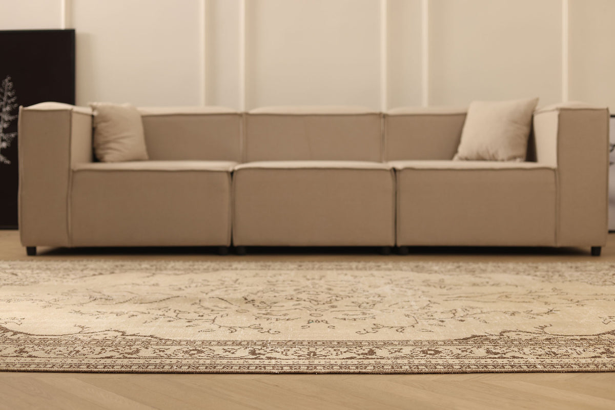 Vintage Manisa Turkish Area Rug 6x10 ft — Beige & Brown Floral