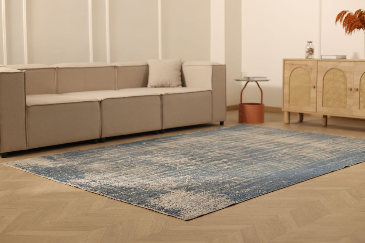Vintage Manisa Turkish Area Rug 6x9 ft — Blue & Gray Distressed