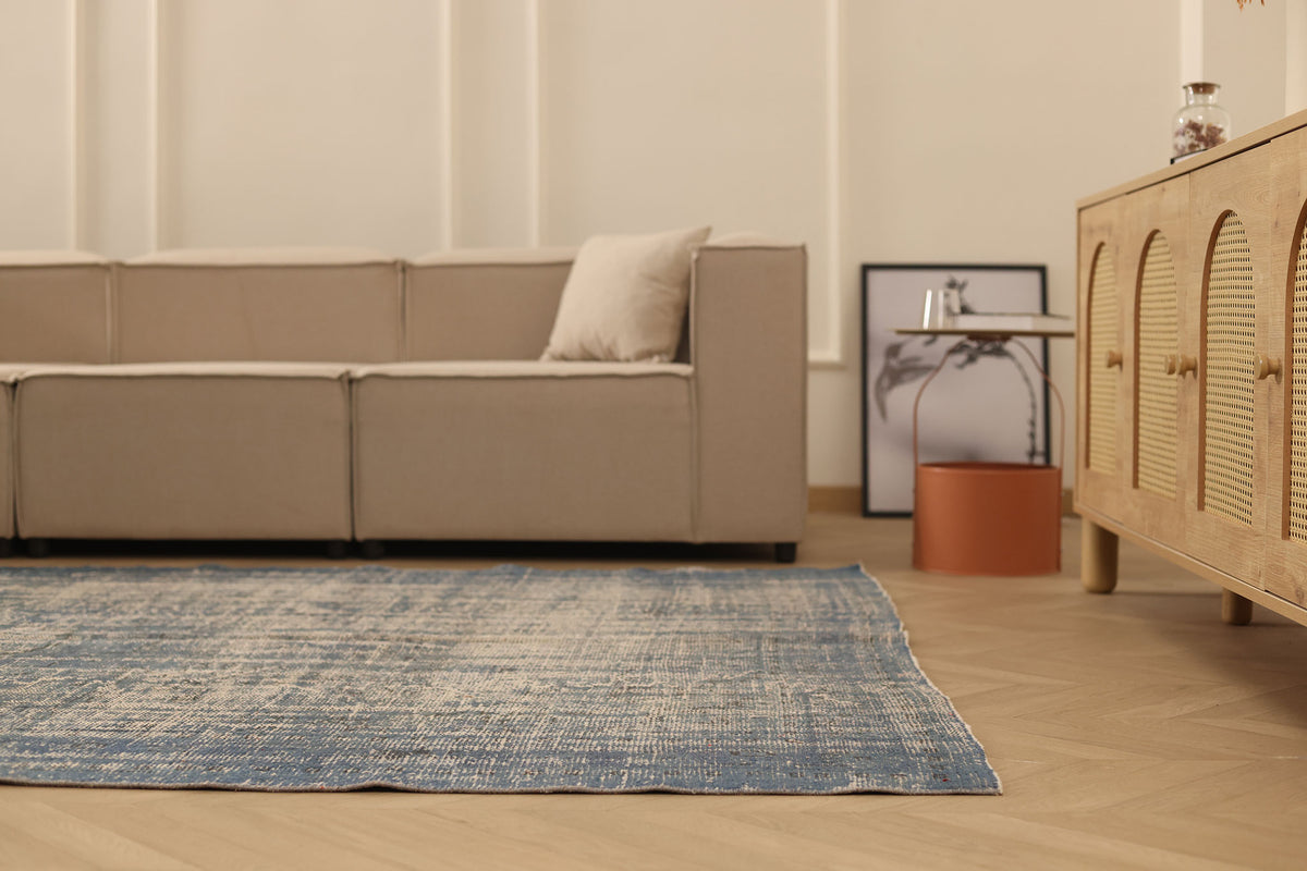 Vintage Manisa Turkish Area Rug 6x9 ft — Blue & Gray Distressed