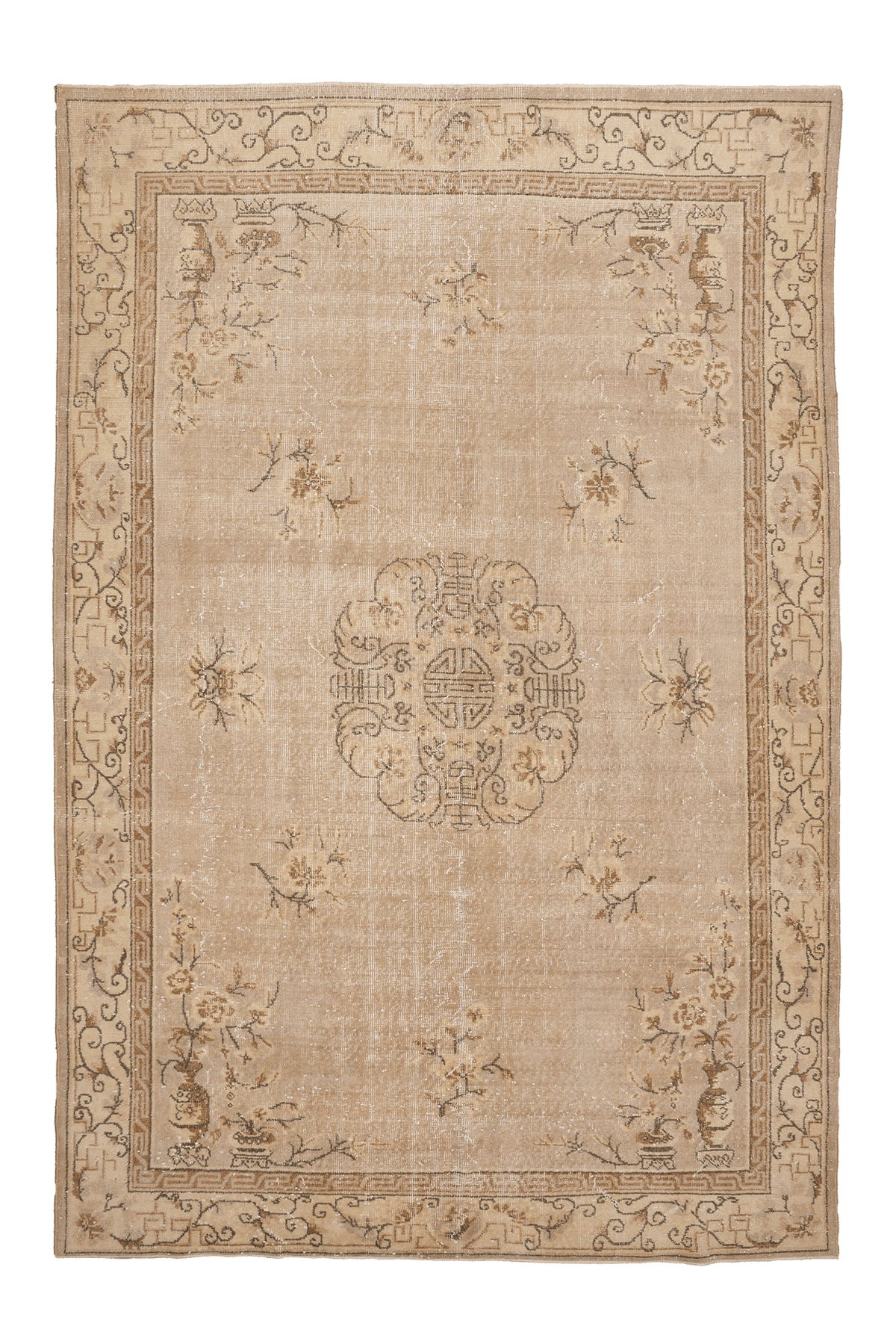 Vintage Isparta Turkish Area Rug 7x10 ft — Beige & Brown Floral (No. 58769)