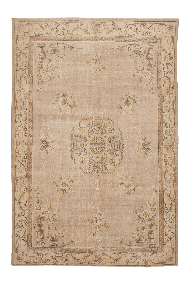Vintage Isparta Turkish Area Rug 7x10 ft — Beige & Brown Floral (No. 58769)