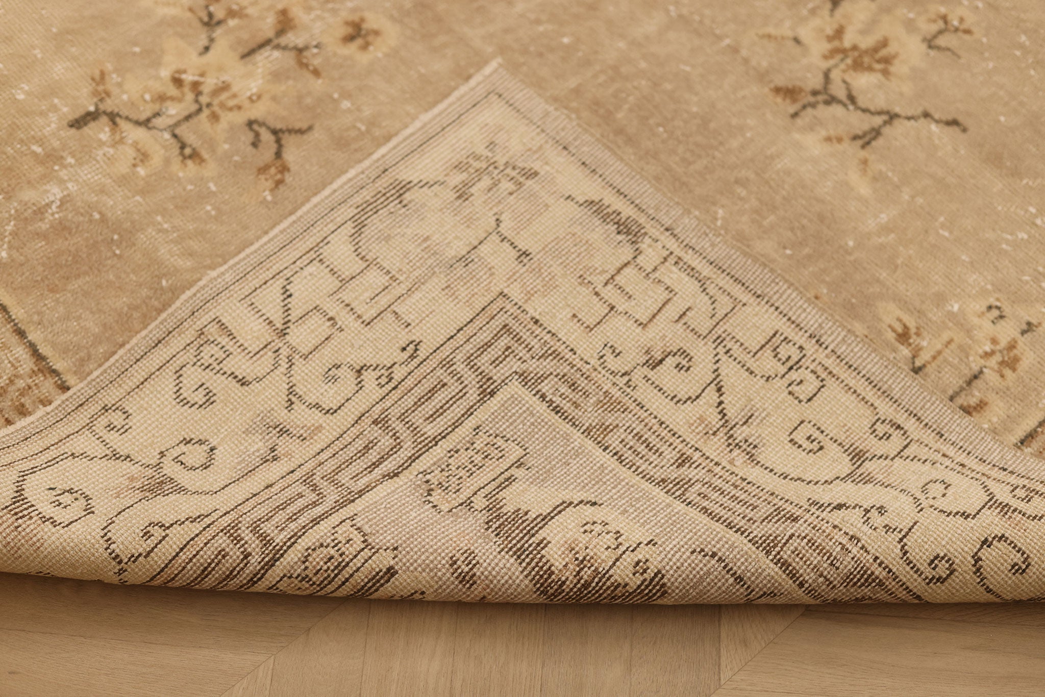 Vintage Isparta Turkish Area Rug 7x10 ft — Beige & Brown Floral (No. 58769)