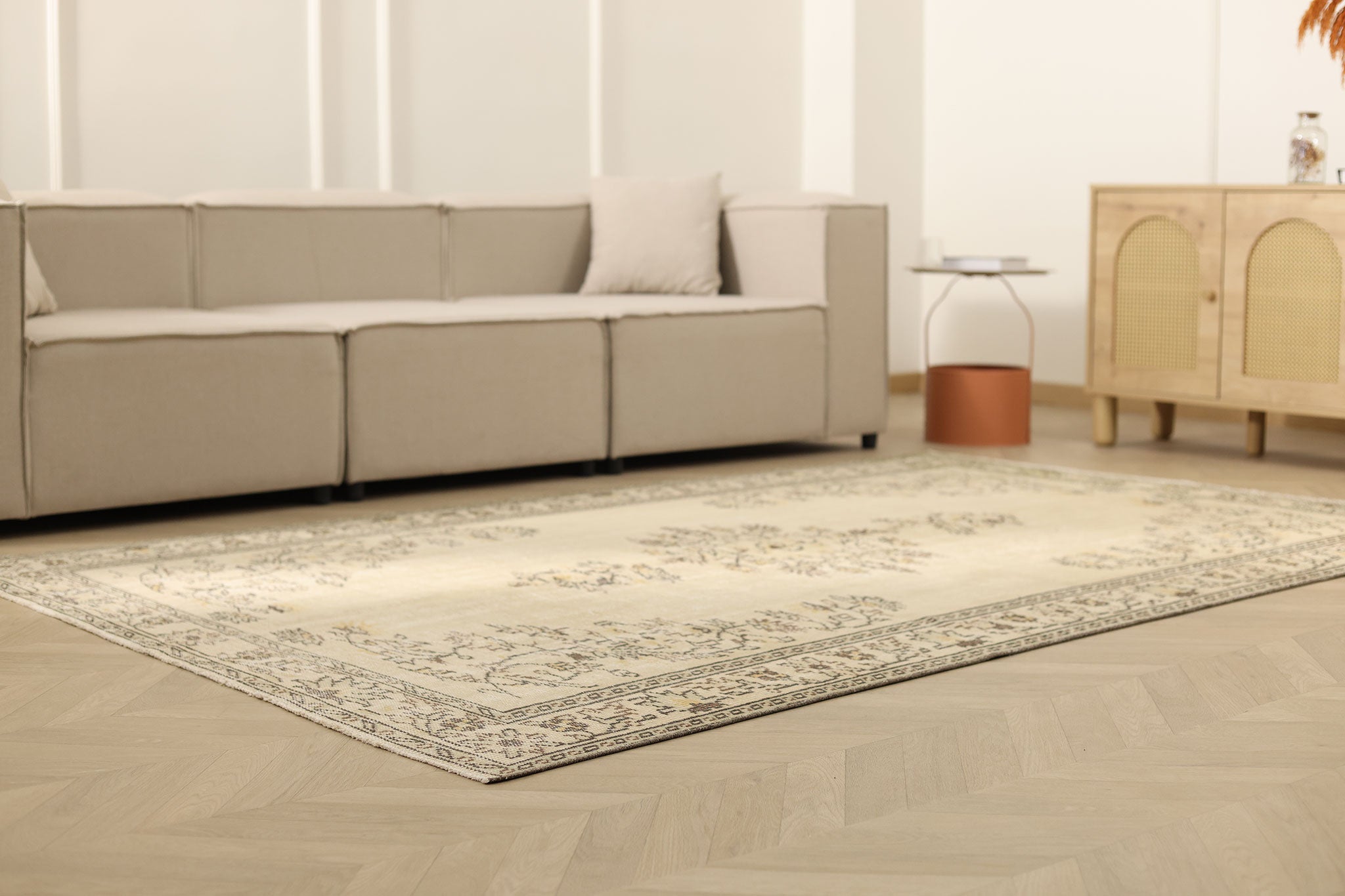 Vintage Manisa Turkish Area Rug 6x9 ft — Beige Floral (No. 58798)