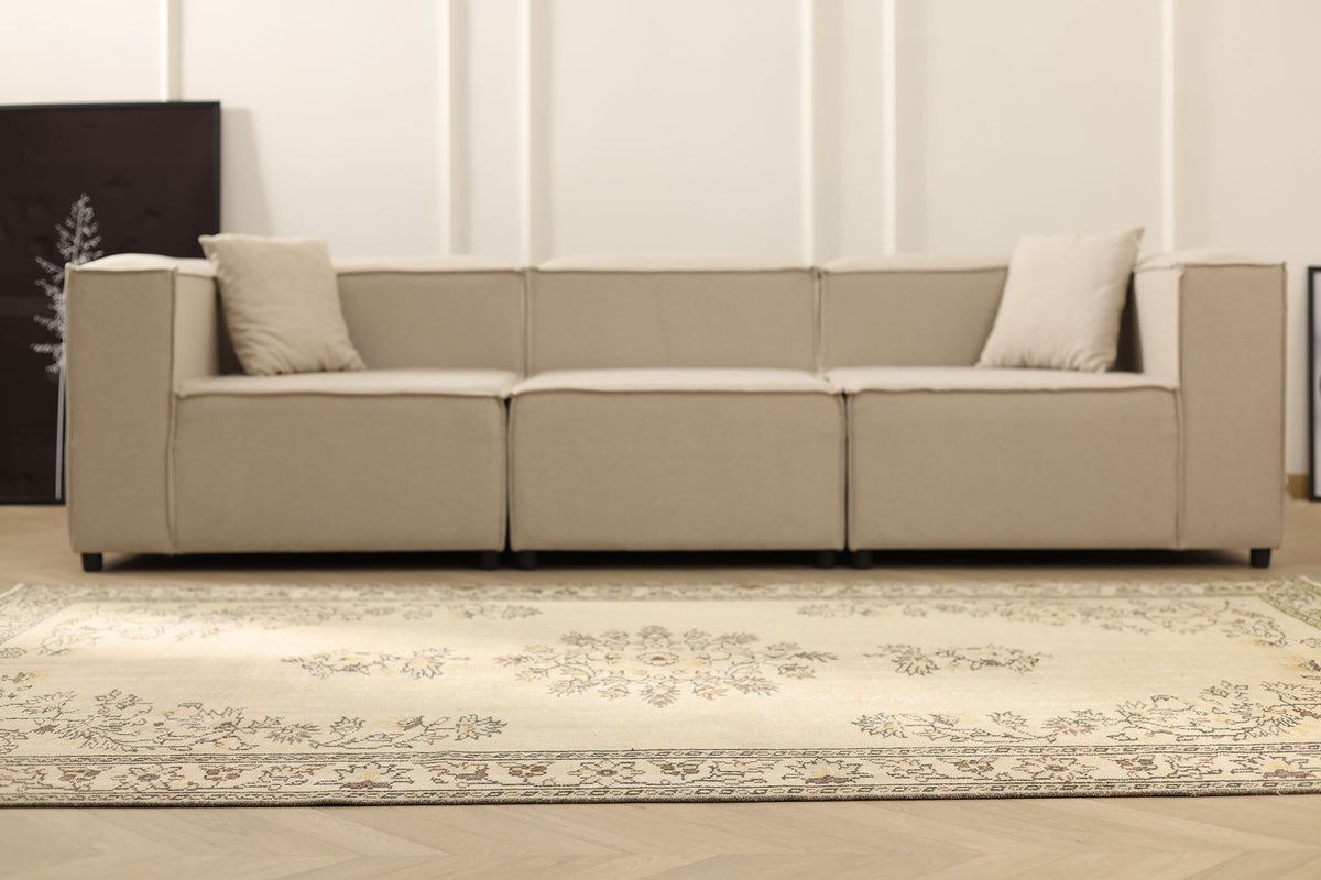 Vintage Manisa Turkish Area Rug 6x9 ft — Beige Floral (No. 58798)