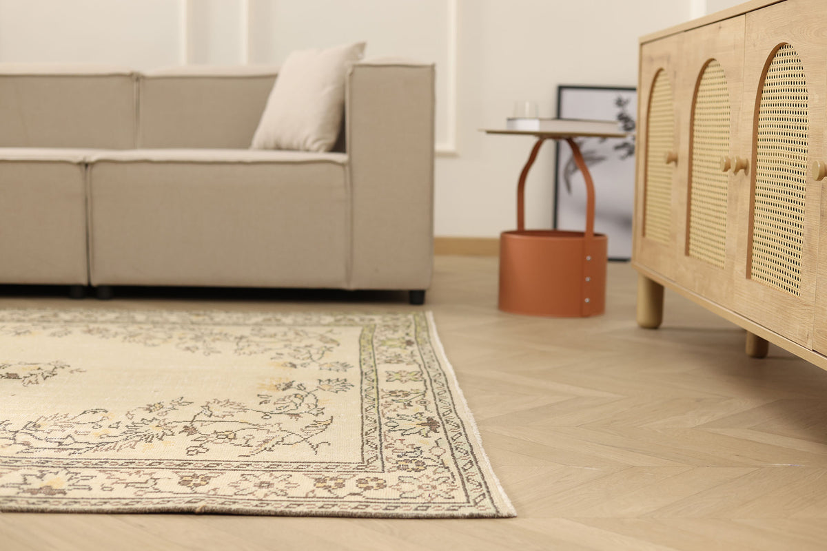 Vintage Manisa Turkish Area Rug 6x9 ft — Beige Floral (No. 58798)