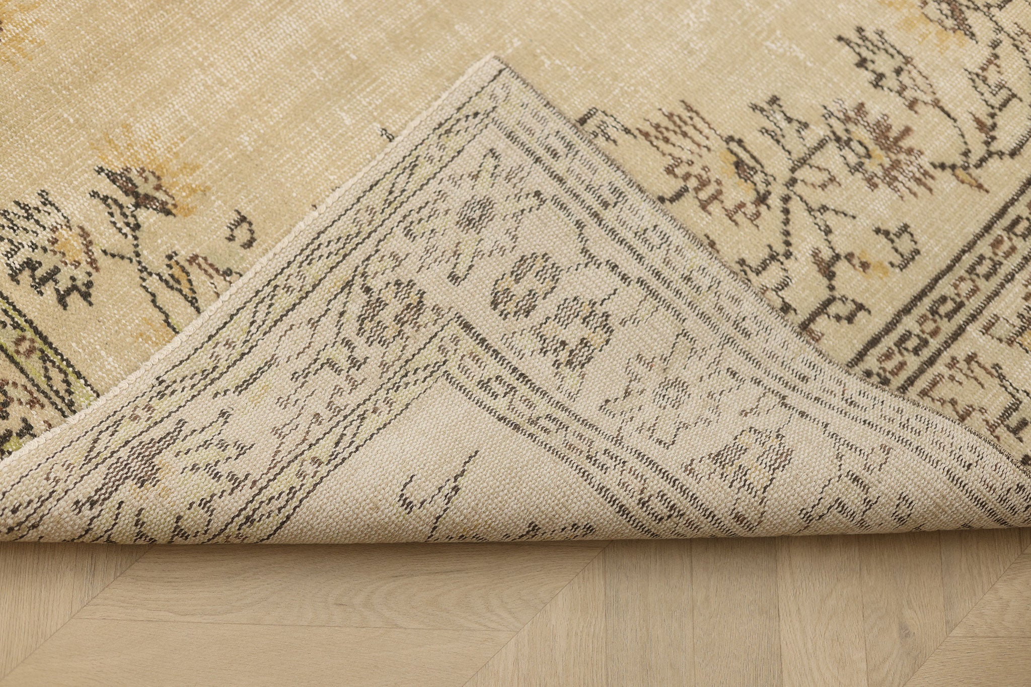 Vintage Manisa Turkish Area Rug 6x9 ft — Beige Floral (No. 58798)