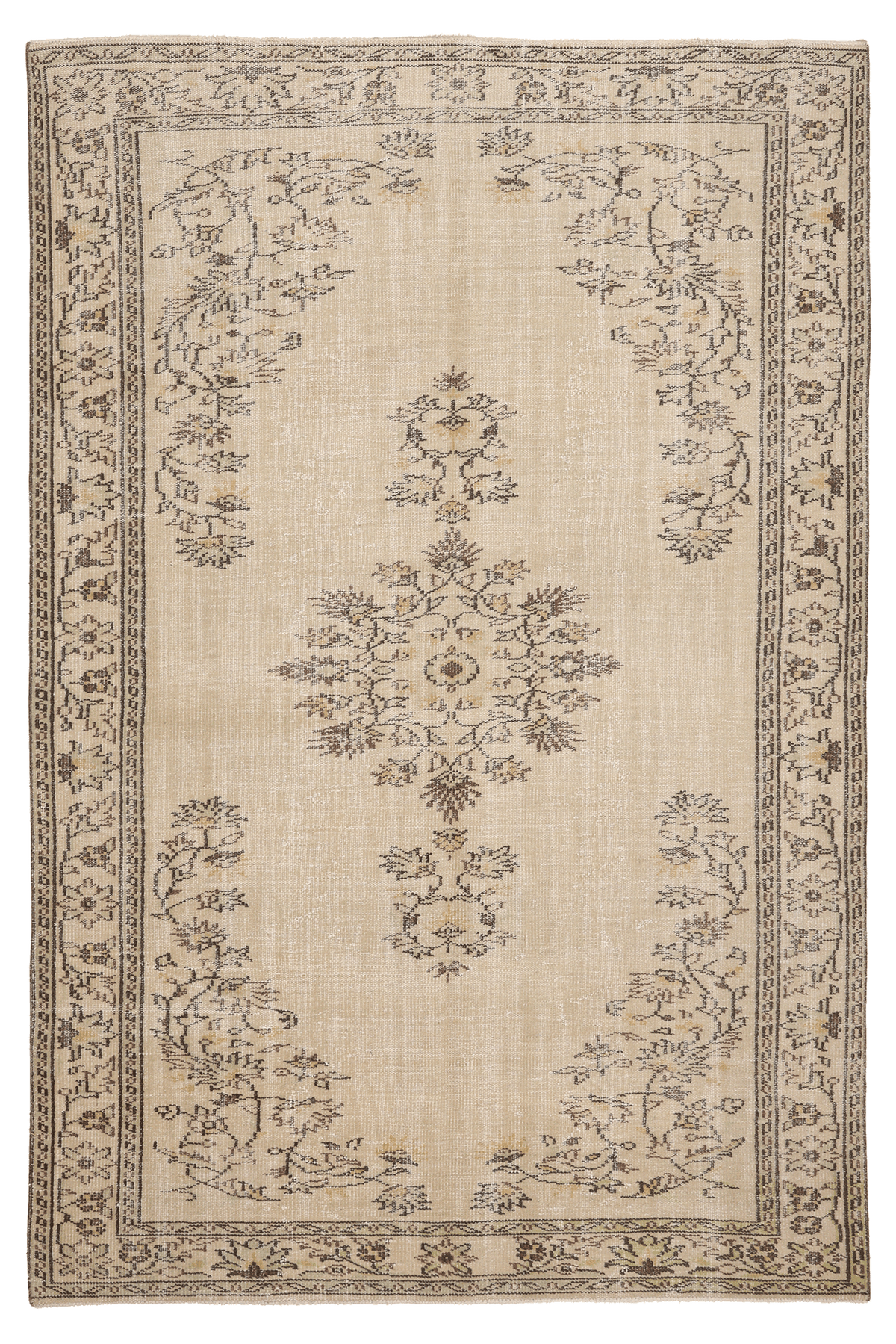 Vintage Manisa Turkish Area Rug 6x9 ft — Beige Floral (No. 58798)
