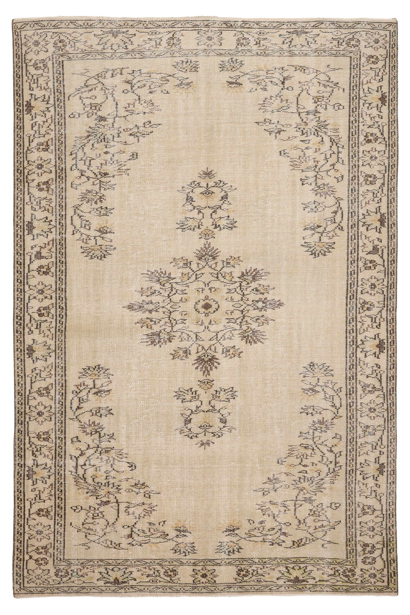Vintage Manisa Turkish Area Rug 6x9 ft — Beige Floral (No. 58798)