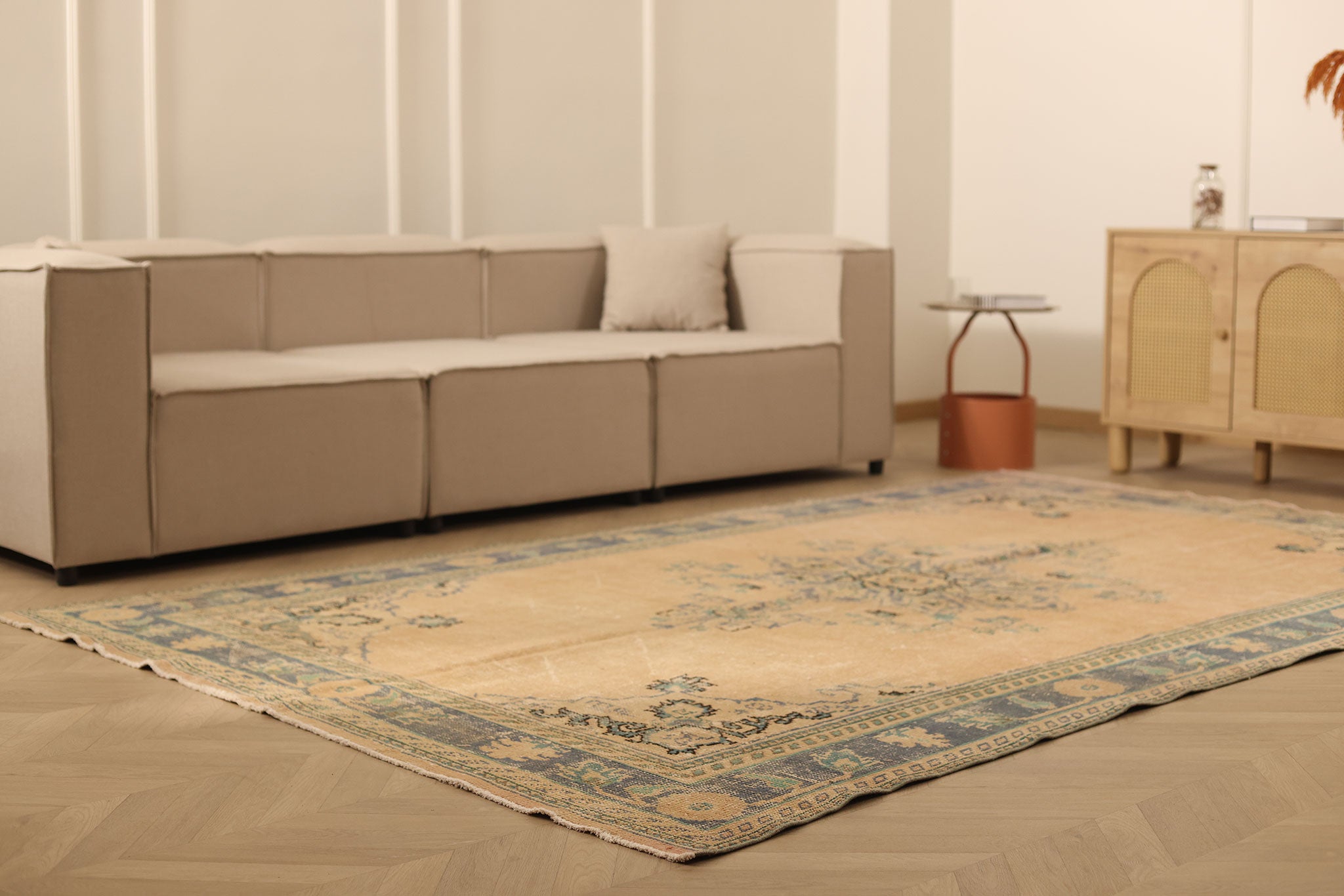 Vintage Manisa Turkish Area Rug 6x10 ft — Beige & Blue Floral