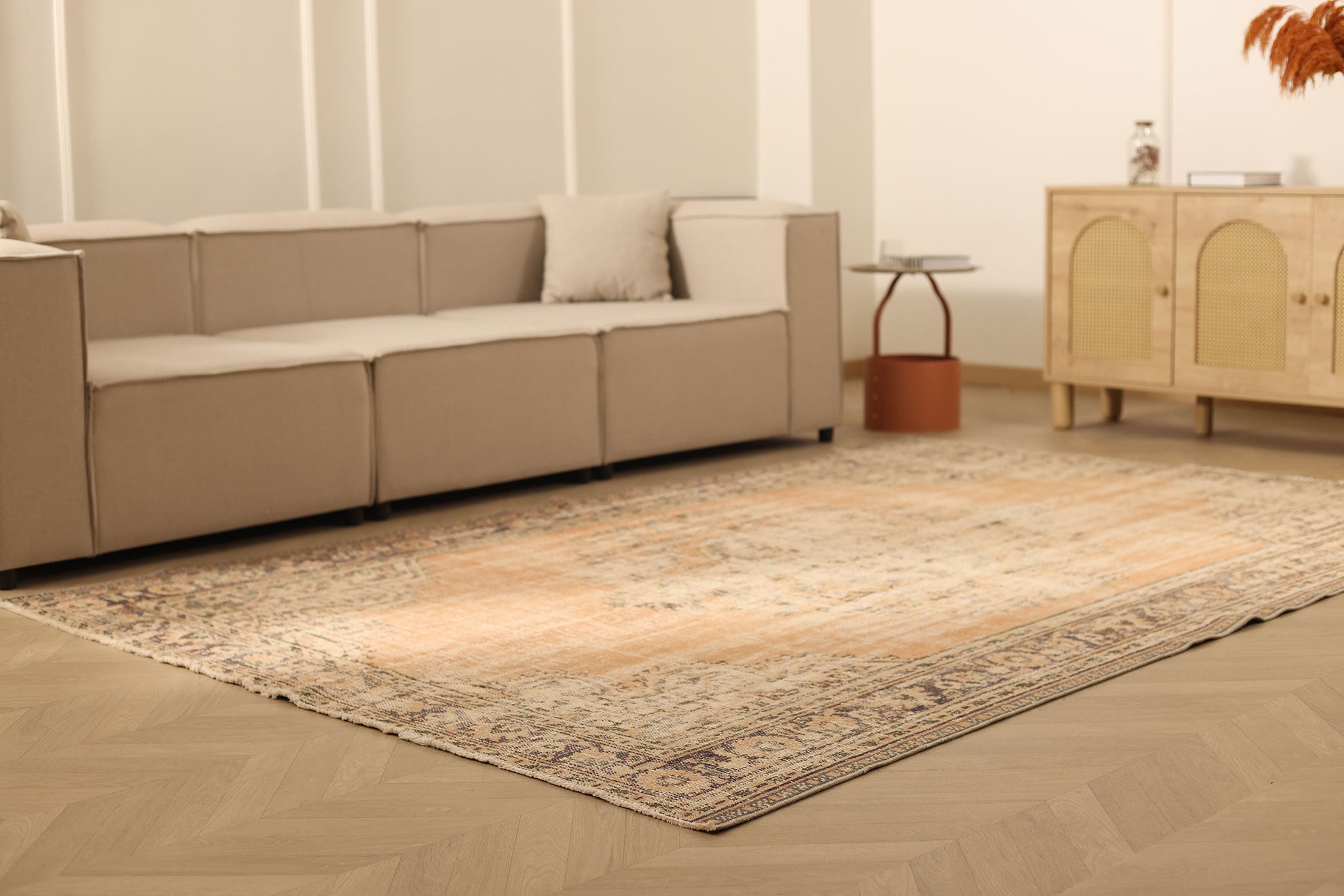Vintage Manisa Turkish Area Rug 6x9 ft — Orange & Beige Floral (No. 58807)
