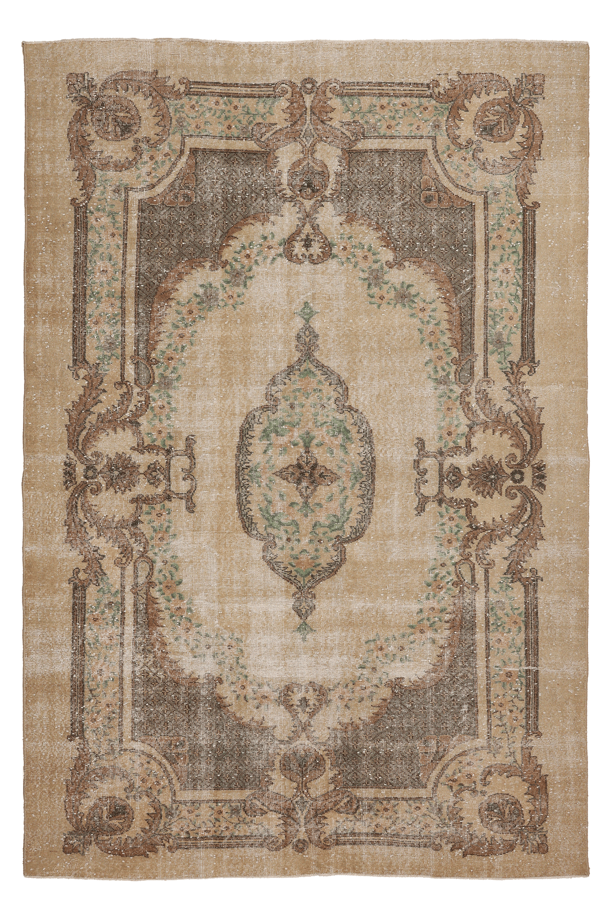 Vintage Isparta Turkish Area Rug 6x9 ft — Beige & Brown Floral (No. 58809)