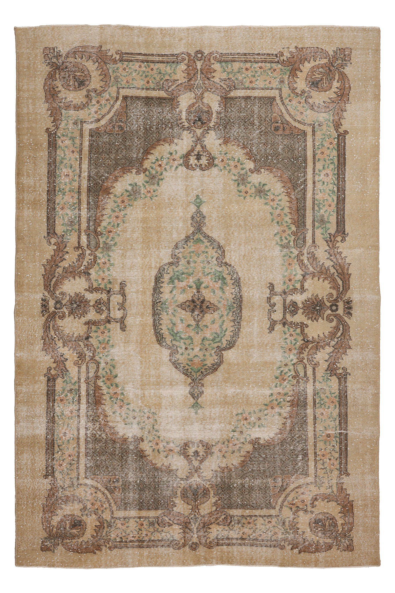 Vintage Isparta Turkish Area Rug 6x9 ft — Beige & Brown Floral (No. 58809)