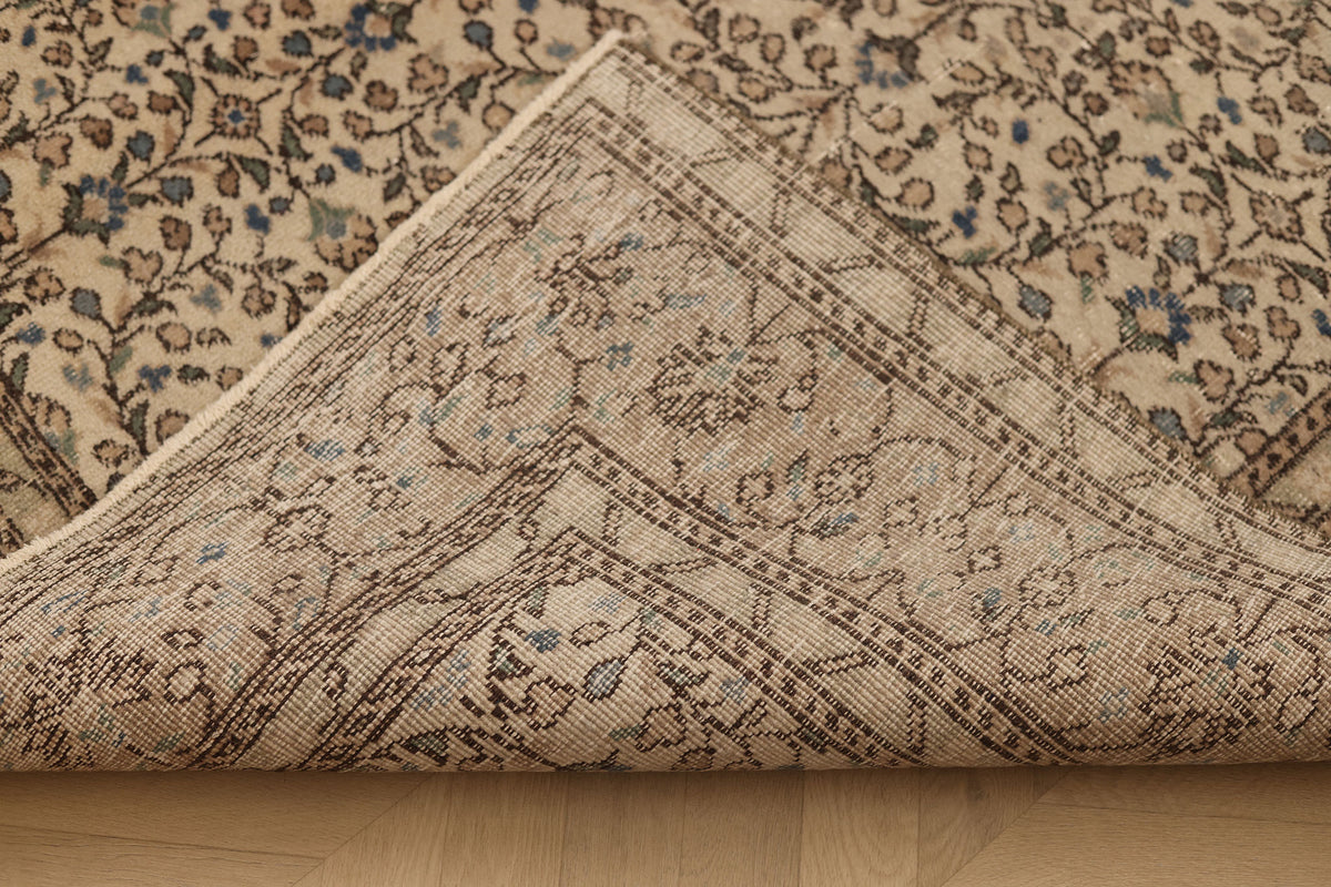 Vintage Isparta Turkish Area Rug 6x9 ft — Beige & Brown Floral (No. 58814)