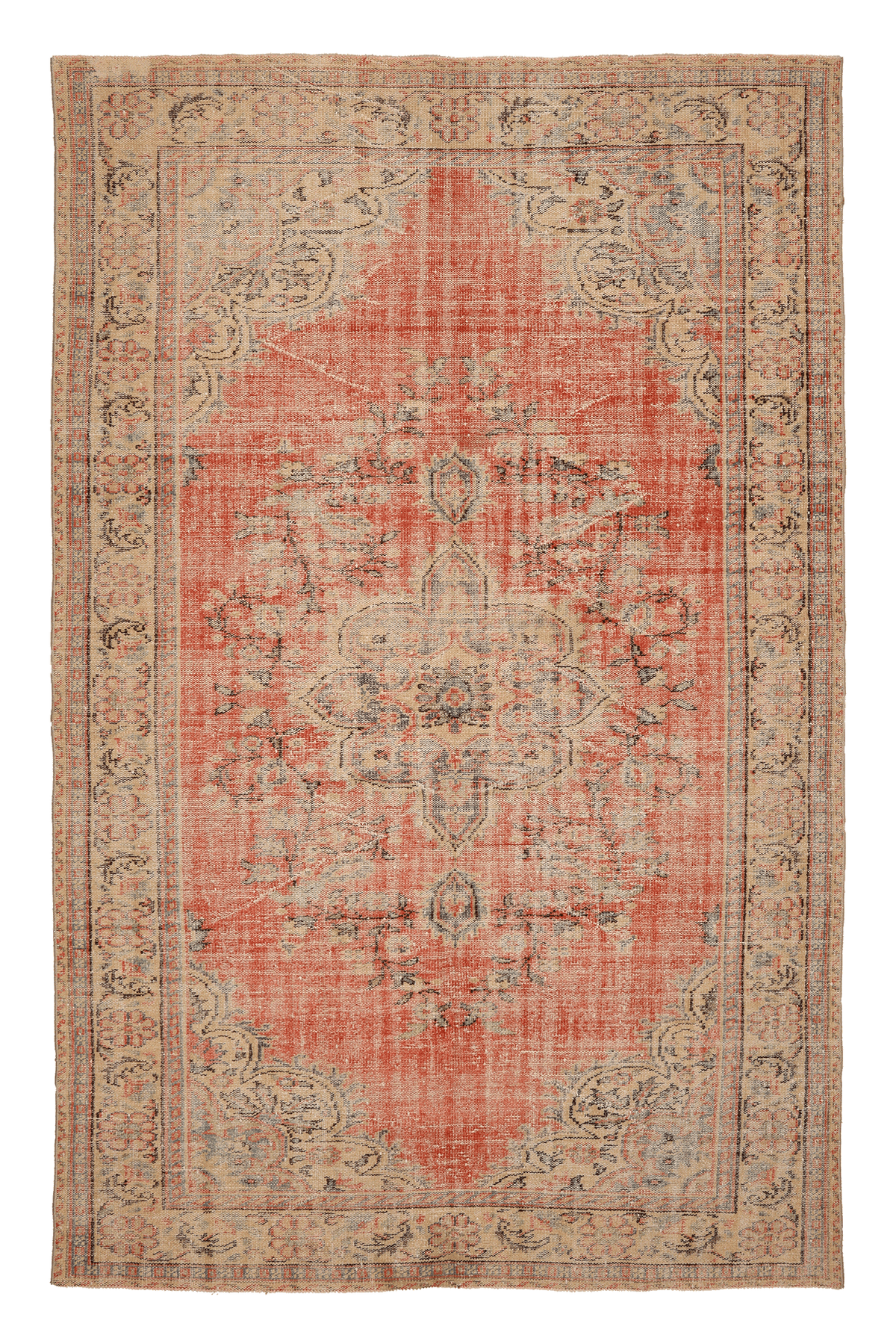 Vintage Manisa Turkish Area Rug 6x10 ft — Red & Beige Floral (No. 58815)