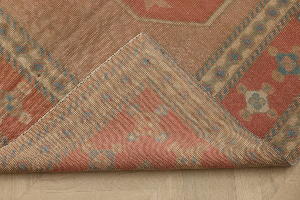 Vintage Muğla Turkish Area Rug 4x6 ft — Brown & Red Geometric