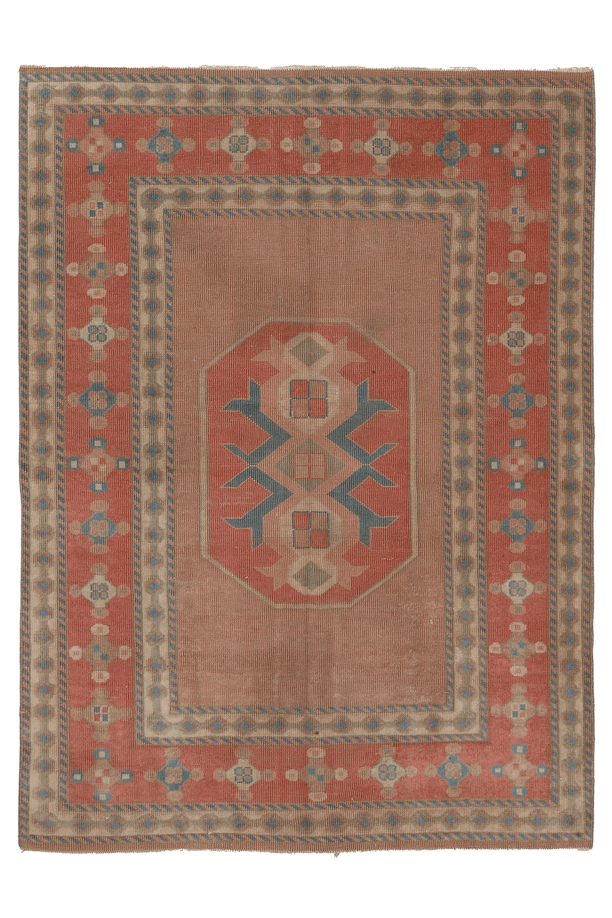 Vintage Muğla Turkish Area Rug 4x6 ft — Brown & Red Geometric