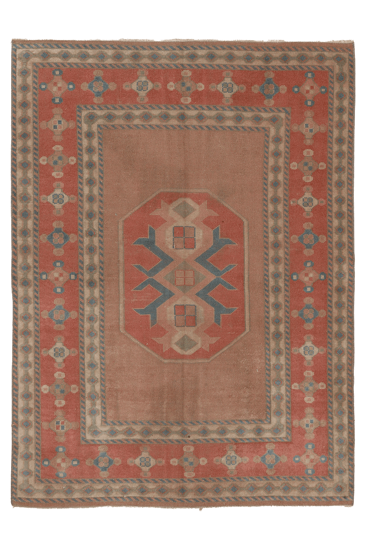 Vintage Muğla Turkish Area Rug 4x6 ft — Brown & Red Geometric