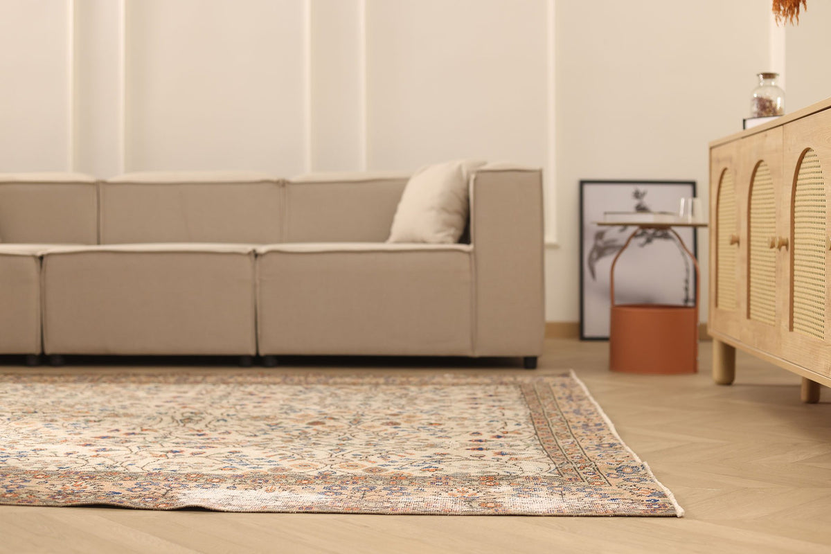 Vintage Isparta Turkish Area Rug 6x9 ft — Beige & Brown Floral