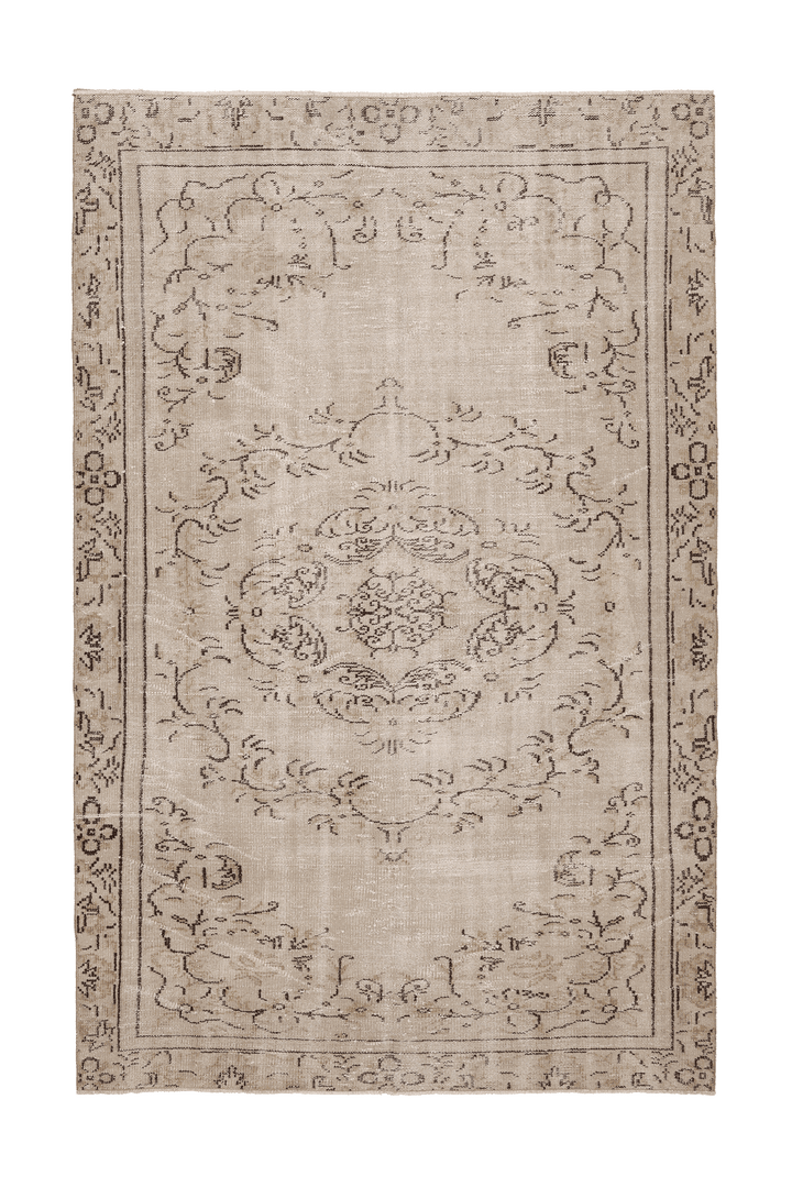 Vintage Manisa Turkish Area Rug 6x9 ft — Beige & Brown Floral