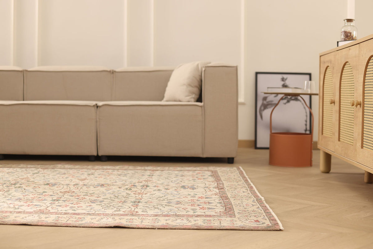 Vintage Isparta Turkish Area Rug 6x9 ft — Beige & Brown Floral