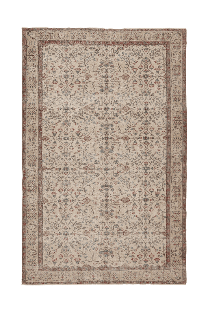 Vintage Isparta Turkish Area Rug 6x9 ft — Beige & Brown Floral