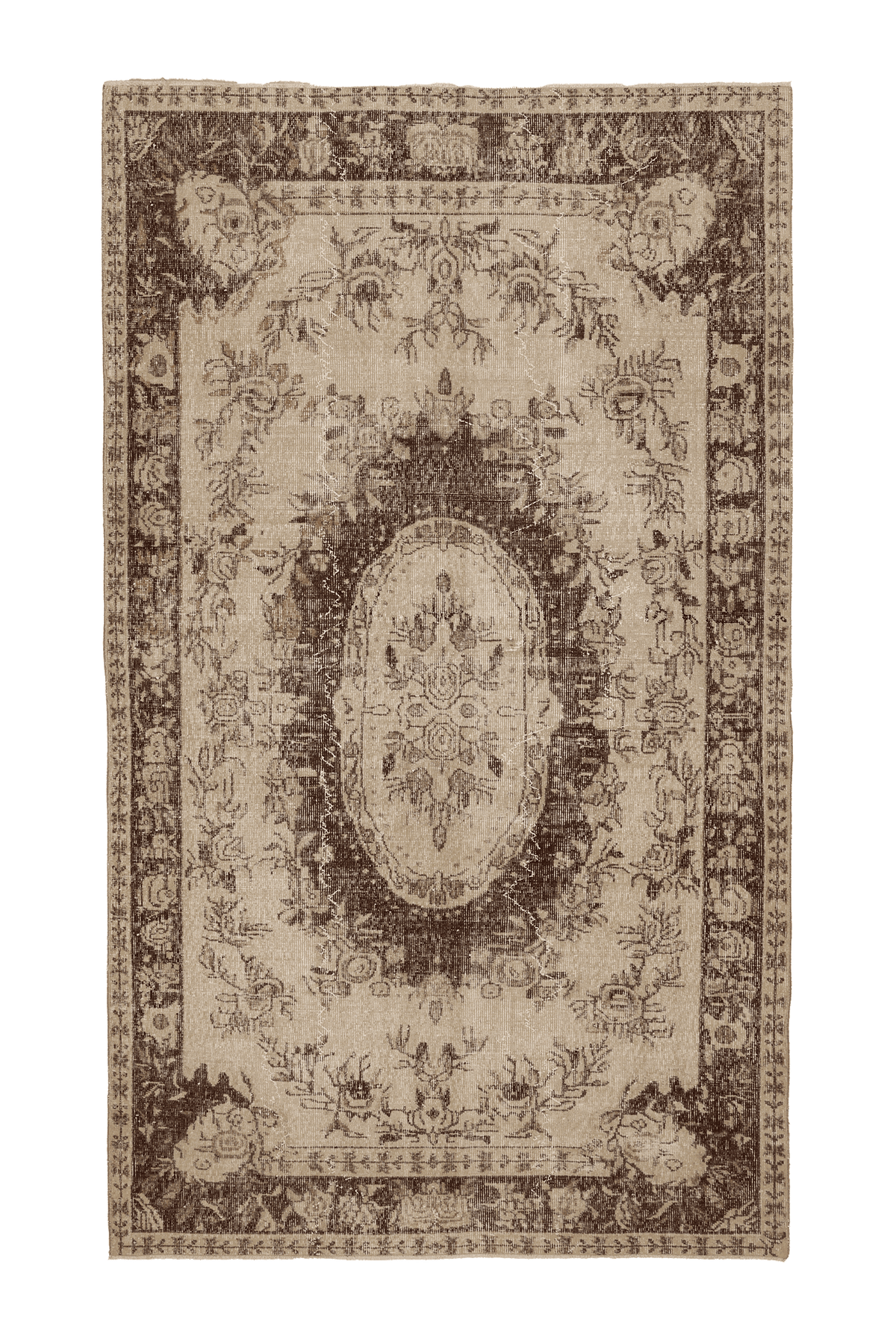 Vintage Isparta Turkish Area Rug 5x9 ft — Beige & Brown Floral