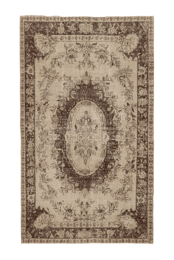 Vintage Isparta Turkish Area Rug 5x9 ft — Beige & Brown Floral